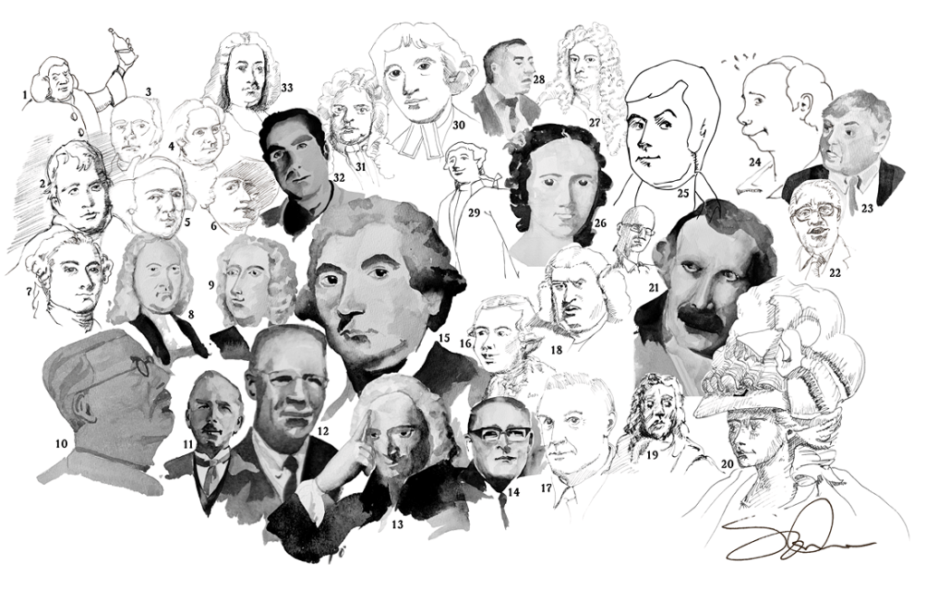 Collection of 32 hand drawn portraits of people who feature in Genius Fan blog posts in 2025