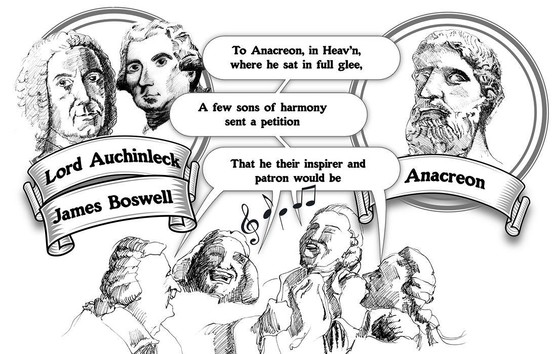 Animated and fun pen and ink illustration, in black and white, of a group of four men from the 18th century singing the words of 'To Anacreon in Heaven', with a cartouche of James Boswell and Lord Auchinleck at the top left and a cartouche showing an illustration of Anacrean, on the right.
