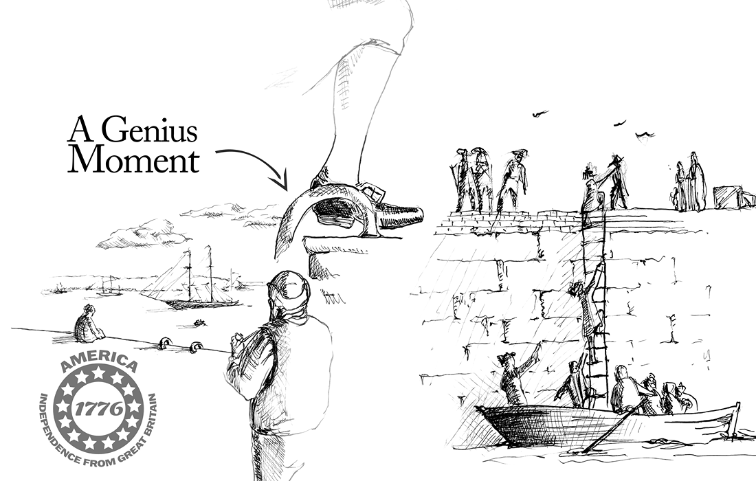 Illustration showing a boy sitting on the quayside at Falmouth with the Mercury packet out in Falmouth Bay, also a close up of the mail being unloaded from a rowing boat to the quayside and a representation of a foot touching British soil.
