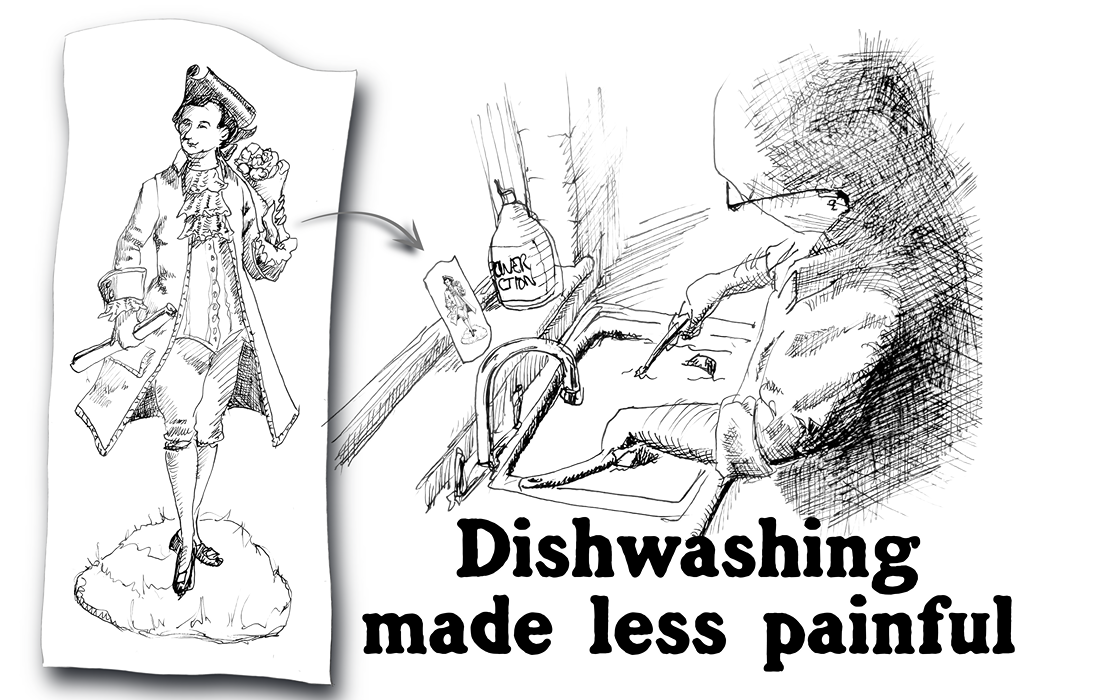 Ink sketch showing author washing dishes with a small drawing of an Eighteenth century gentleman in his eyeline