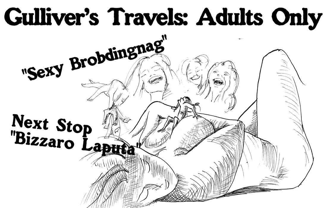 Ink sketch showing Gulliver naked betwen the breasts of a Maid of Honour in Brobdingnag.