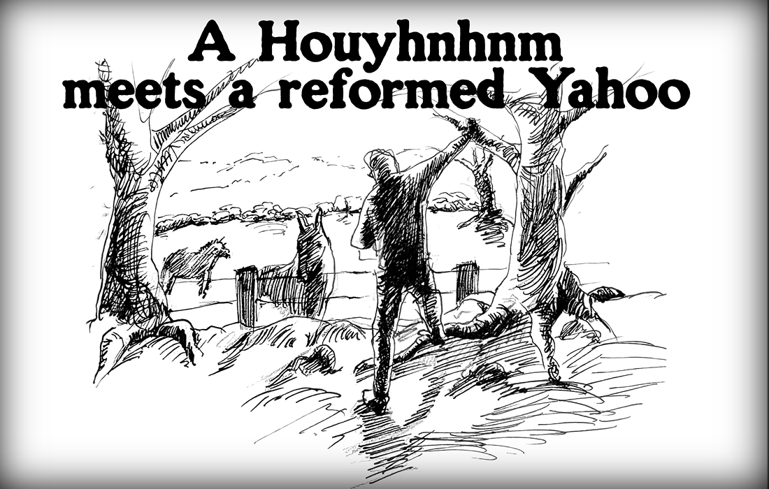 Ink sketch showing GeniusFan greeting a horse just like a Yahoo meets a Houyhnhnm in Jonathan Swift's novel Gulliver's Travels