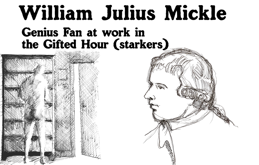 Ink sketch showing naked Genius Fan standing in the half dark reading at his bookcase at night and a portrait of Scots poet William Julius Mickle
