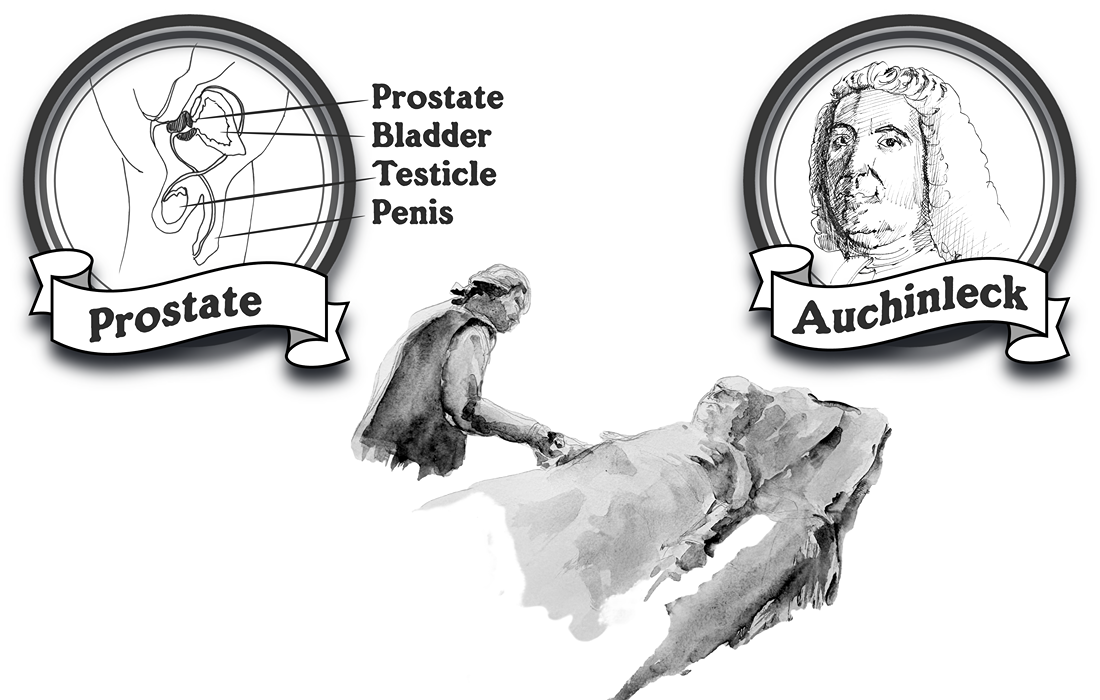 Ink sketch showing James Boswell at the bedside of his father Lord Auchinleck in pain from his enlarged prostate